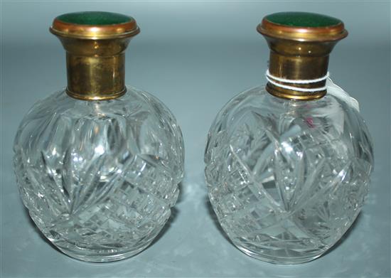 Pair enamel mounted cut glass scent bottles